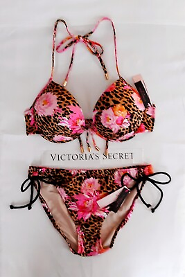 Victorias Secret Swim 2pc Set 34C Pushup Strappy FABULOUS size M Side Tie Bikini $42.95