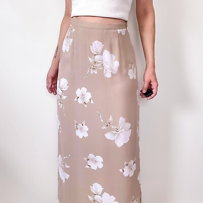 #ad Vintage Beige Cream Floral Maxi Skirt Size 8 White Festival Boho Neutral $34.95