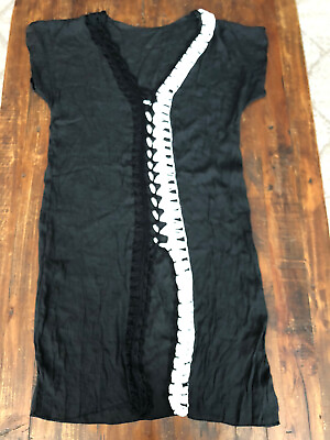 #ad Shein Women’s Black White Split kaftan Crochet beach cover up dress S $15.00
