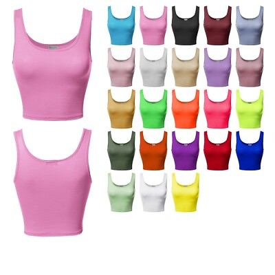 Fashion Outfit Women#x27;s Junior Sized Solid Scoop Neck Sleeveless Crop Tank Top $11.89