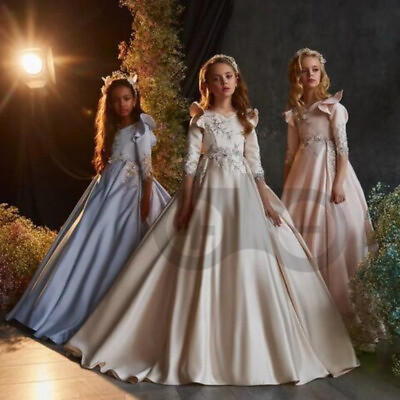 #ad #ad Satin Appliques Dresses Girls Elegant Princess Flower Girls Dress Party Gown $79.90