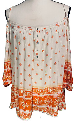 #ad Skies Are Blue Womens Size Small Orange White Boho Printed Cold Shoulder Blouse $9.77