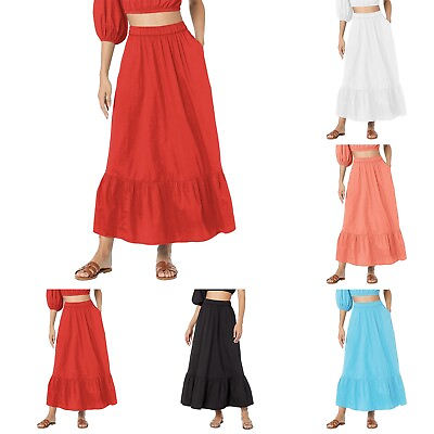 #ad Women’s Elastic High Waist Boho Maxi Skirt Ruffle A Line Swing Skirts for Girls $17.90