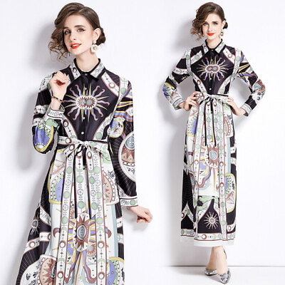 #ad Spring Summer Fall Vintage Print Collar Bow Tie Women Casual Party Maxi Dresses $27.19