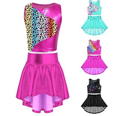 #ad Kids Girls Dancewear Suits Dress Patchwork Tops With Skirt Jogging 2 Piece Set $9.53