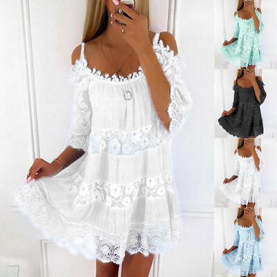 #ad Womens Solid Sleeveless Lace Ruffled Midi Dress Ladies Holiday Party Gown Beach $23.49