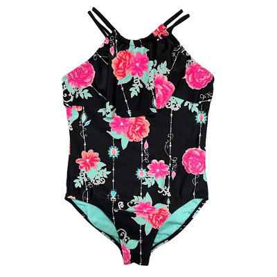 #ad Wonder Nation Black Floral One Piece Swimsuit Girls Size 7 8 Double Straps $15.00
