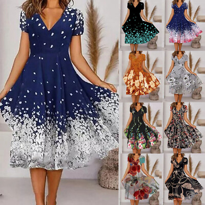 #ad Womens Floral V Neck Midi Dress Ladies Plus Size Evening Party Cocktail Dresses $28.13