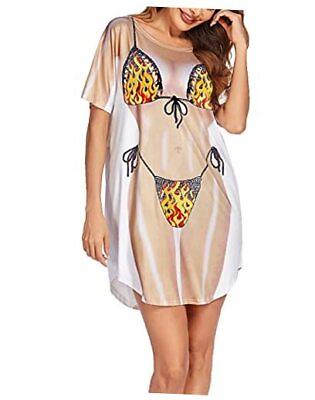 #ad Women#x27;s Bikini Shirt Cover Up Short Sleeve Cute Bikini Medium Flame Print $27.98