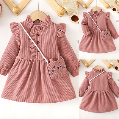 #ad Baby Girls Corduroy Pullover Cute Princess Dress Pleated Ruffled Party Gown Bags $15.89