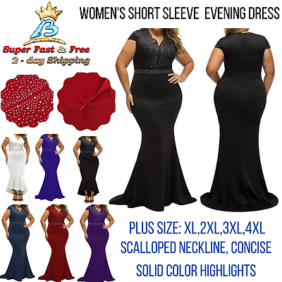 #ad Women Long Evening Party Formal Dress Plus Size Rhinestone Cocktail Short Sleeve $71.42