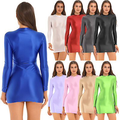 Women#x27;s Oily Stretchy Tights Party Dresses Glossy Long Sleeve Bodycon Mini Dress $6.15