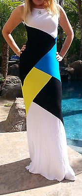 #ad Maya Antonia Size S Blue Yellow Black White Color Block Maxi DressExtra Long $22.47