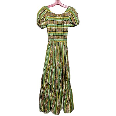 #ad Vintage Peasant Dress Handmade Long Boho Retro Green Pink Paisley Sm Med $69.99