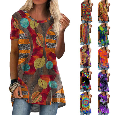 #ad Womens Boho Floral Short Sleeve T Shirt Ladies Casual Loose Tunic Tops Blouse US $18.99