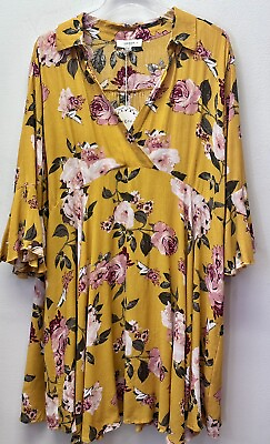 #ad #ad New Umgee Women 2XL Yellow Floral Surplice Collared Bell Sleeve Mini Dress BOHO $29.30