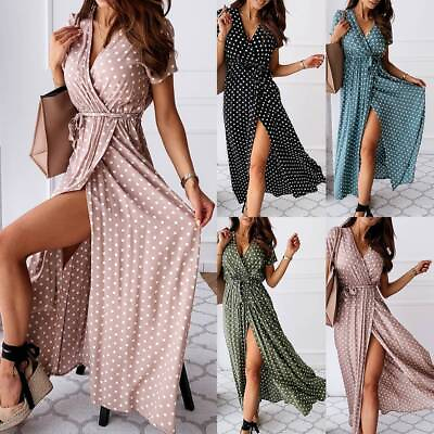 #ad Womens Short Sleeve Polka Dot V Neck Wrap Long Maxi Dress Summer Casual Sundress $14.19