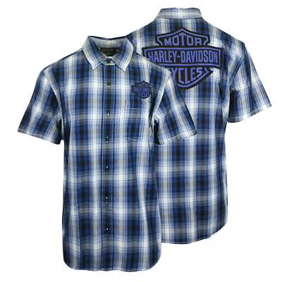 #ad Harley Davidson Men#x27;s Shirt Blue Plaid Bar amp; Shield Short Sleeve S59 $41.75