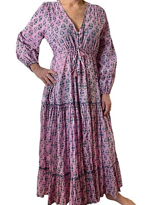 #ad Boho Long Cotton Block Print Floral Maxi Dress Pockets V Neck Button Front M $89.00