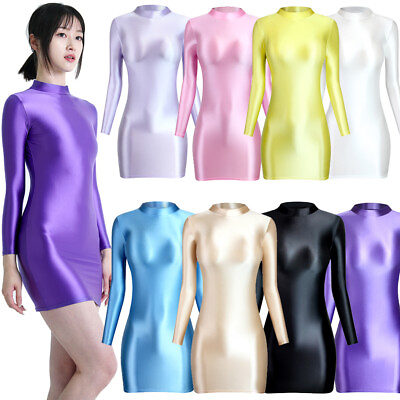 #ad New Women Sexy Bodycon Dresses Pencil Skirt Long Sleeves Wetlook Stretchy Shiny $27.38