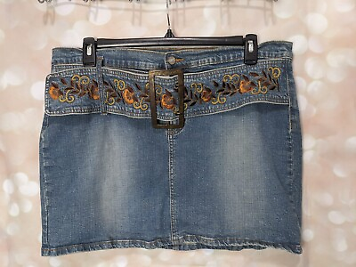 #ad Vigoss Jeans Vintage Medium Wash Blue Denim Mini Skirt w Wide Belt Sz 19 20 $20.00