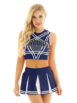 Womens 2PCS Cheerleading Costume Sleeveless Top with Pleated Mini Skirt Outfits $21.89