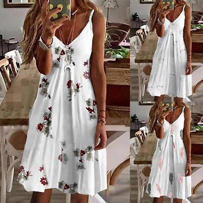 #ad Sexy Women#x27;s Summer Beach Strappy Sundress Ladies Floral V Neck Tank Dress Party $13.58
