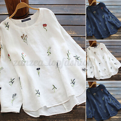 Women Linen Cotton Floral Embroidery Blouse High Low Tops Shirt Long Sleeve Tee $15.17