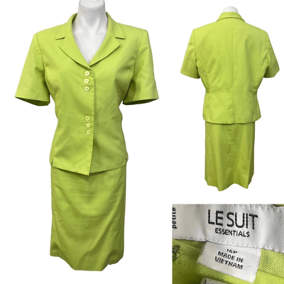 #ad Le Suit Essentials skirt suit petite plus sz 16p green short sleeve knee length $17.57