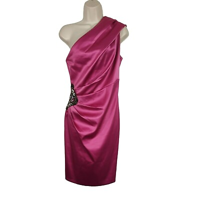 Eliza J One Shoulder Satin Dress Formal Cocktail Women Size 6 Pink Jewel Beaded $47.50