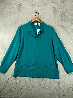 #ad NWT Sears Womens Plus 18W Tops Button Up Jade Green Long Sleeve Embroider Beaded $21.15