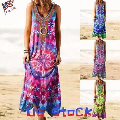 #ad Women Summer Boho Maxi Long Dress Beach Holiday Party Sleeveless Kaftan Sundress $16.89