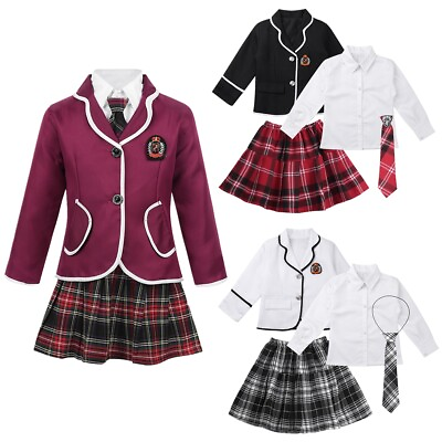 Girls British School Uniform Wide Lapel Blazer with Shirt Tie Mini Skirt Outfits $9.19