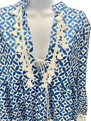 #ad Beach Cover Ladies Xl Blue amp; White designs White trim ties V Neck gathered skirt $25.00