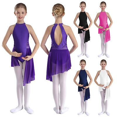 #ad Kids Girls Bodysuit Sports Tutu Dress Sheer Leotard Gymnastics Athletic Skirted $15.24