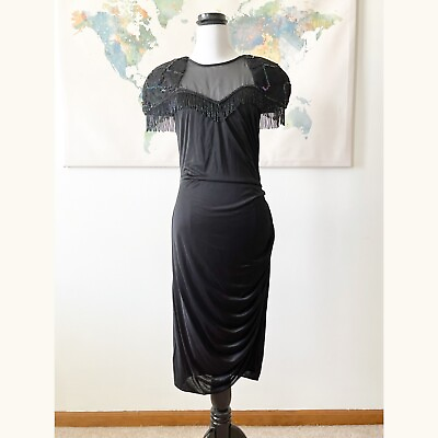 #ad VTG Filigree Dress Size 10 Black Cocktail Beaded Sequins Ruched Padded Shoulders $38.24