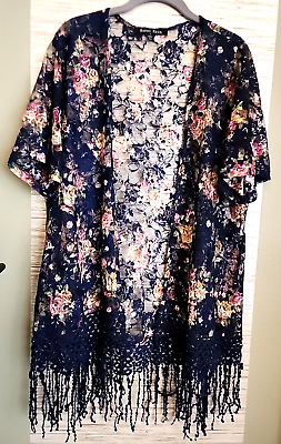 #ad Sweet Rain Blue Navy Pink Floral Lace Boho Kimono Fringe Hem Bottom Size Medium $10.95