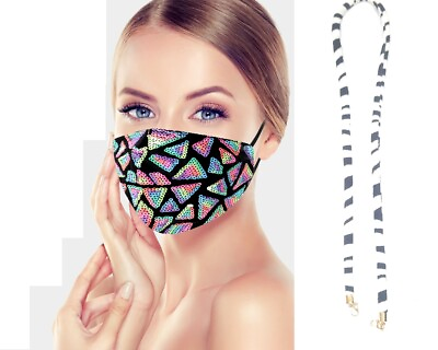 Bling Adjustable Womens Face Mask Shield Cloth Cover Black Purple Lanyard Chain $14.99