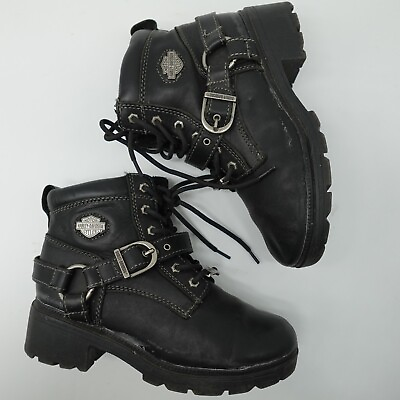 #ad Harley Davidson Women#x27;s Black Noir Tegan Boot Leather Motorcycle Size 6.5 Shoes $50.00