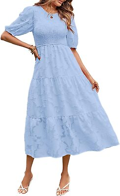 #ad Women Summer Puff Sleeve Midi Dress Short Sleeve Crewneck Smocked Sundress Lace $82.63
