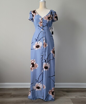 #ad #ad NWT Size Small TRIXXI Open Back Button Front Cap Sleeve Blue Floral Maxi Dress $22.99