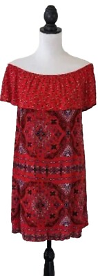 #ad Red Bandana Summer Dress Small Off the Shoulder Short Flowy Boho Western Cowgirl $14.68