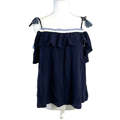 #ad American Eagle Navy Blue Off The Shoulder Blouse Boho Medium Tassel Shoulder Tie $12.90