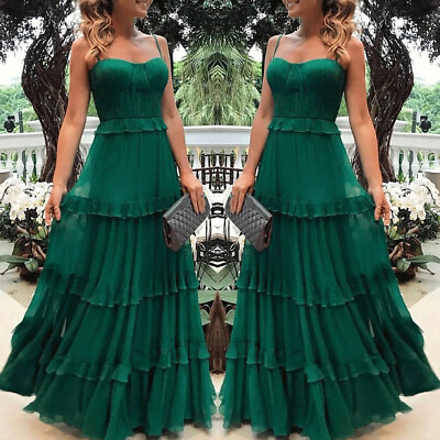 #ad Women#x27;s Summer Evening Cocktail Party Long Sundress Strappy Ruffle Maxi Dress $32.75
