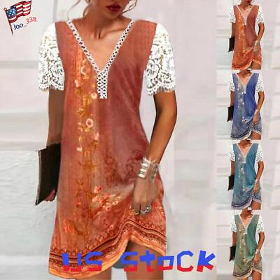 #ad Womens Boho Print Midi Dress Lace Short Sleeve Summer Beach Holiday Sundress US $11.96