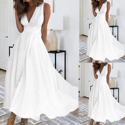 #ad #ad Womens Summer V Neck Maxi Dress Sleeveless Holiday Wedding Party Swing Sundress $32.91