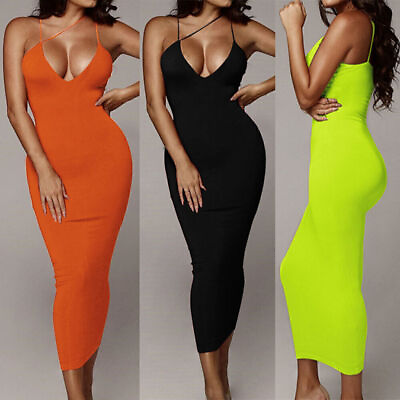 #ad Summer New Dress Women Sexy Solid Deep V Strap Sleeveless Slim Party Maxi Skirt $20.19