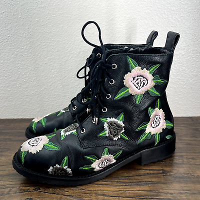 Rebecca Minkoff Womens Boots 9 Combat Gerry Black Leather Floral Embroidered $39.88