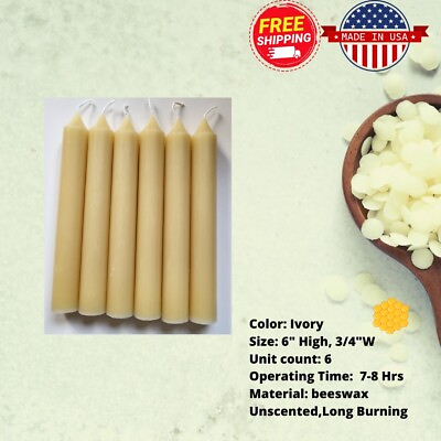 6 inch IVORY BEESWAX Taper CANDLES100% cotton wicks Wedding party 78 Hours USA $15.50