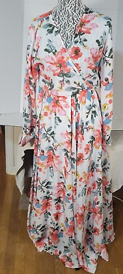 #ad Patsy Floral Maxi Dress Long Asymmetrical Sleeve V Neck Flowing Lined Belted $33.14
